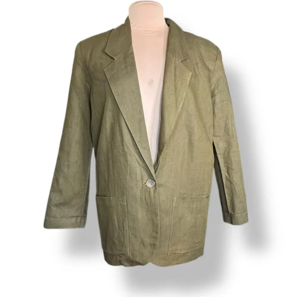 Vintage 90s Linen Cotton Blazer Jacket Size 12 Neutral Olive Brown Minimalist